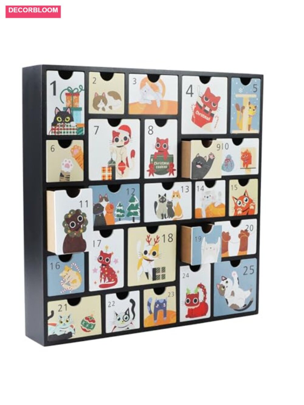 Wooden Advent Calendar 25 Drawers Refillable Cat Countdown